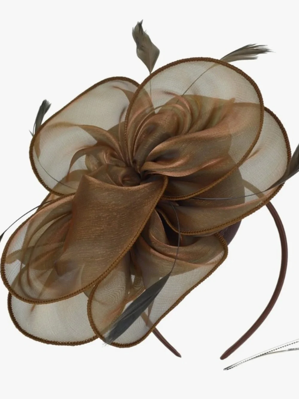 Brown Feather Organza Floral Fascinator Headpiece - Derby, Tea, Formal, church